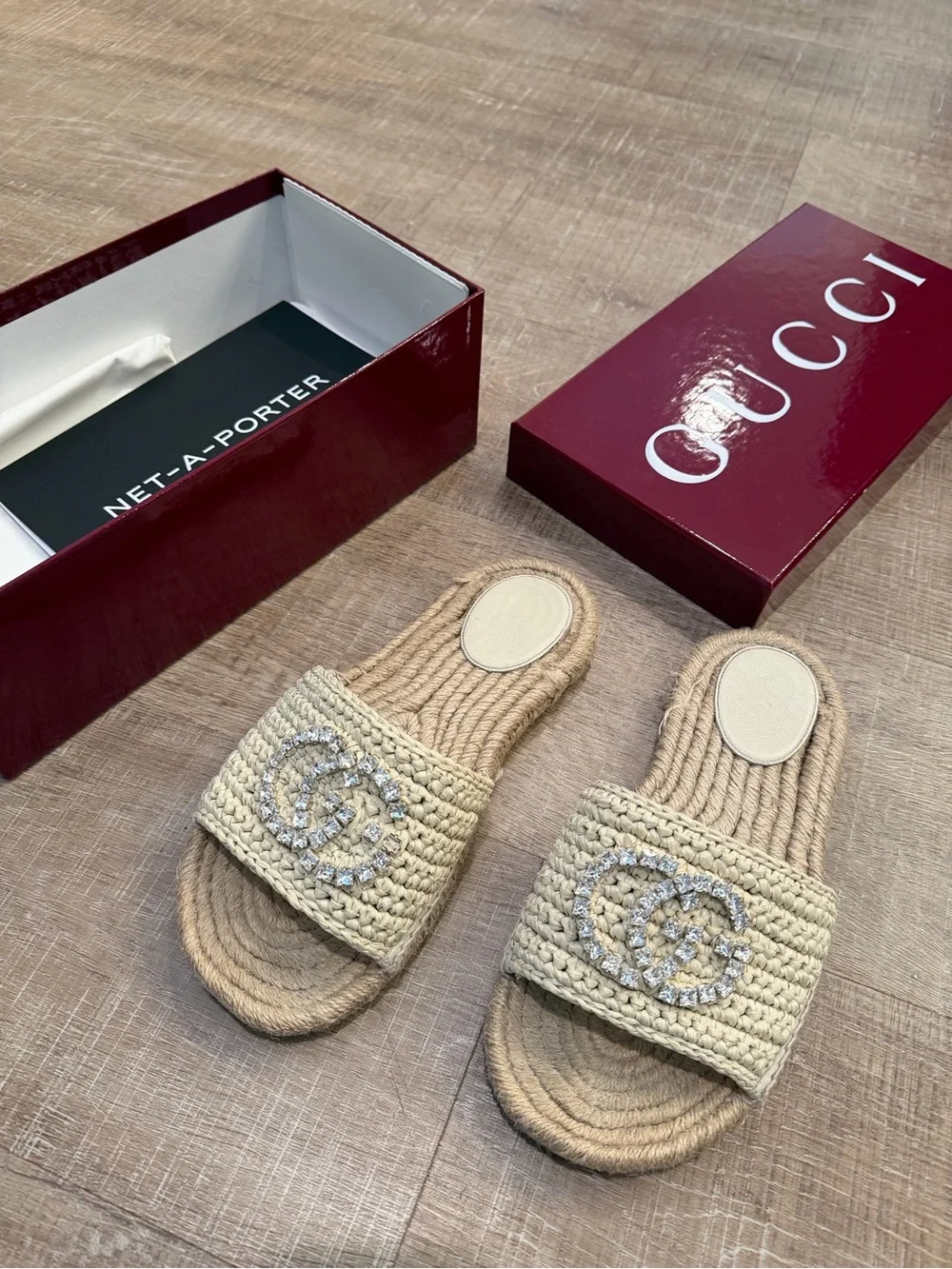Gucci Cream Crochet Slide Sandals with Crystal Double G Accents